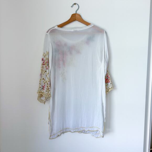 Johnny Was Belina Floral Embroidered Eyelet Detail Sheer Tunic Top White M - Picture 3 of 10